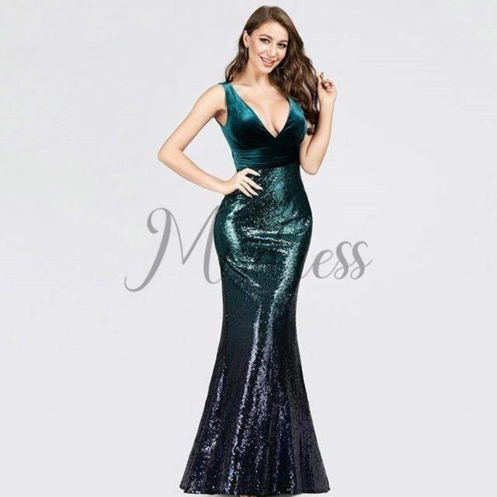 Elegant Flare Sexy V Neck Velvet Ombre Sequin Floor Length Evening Dress